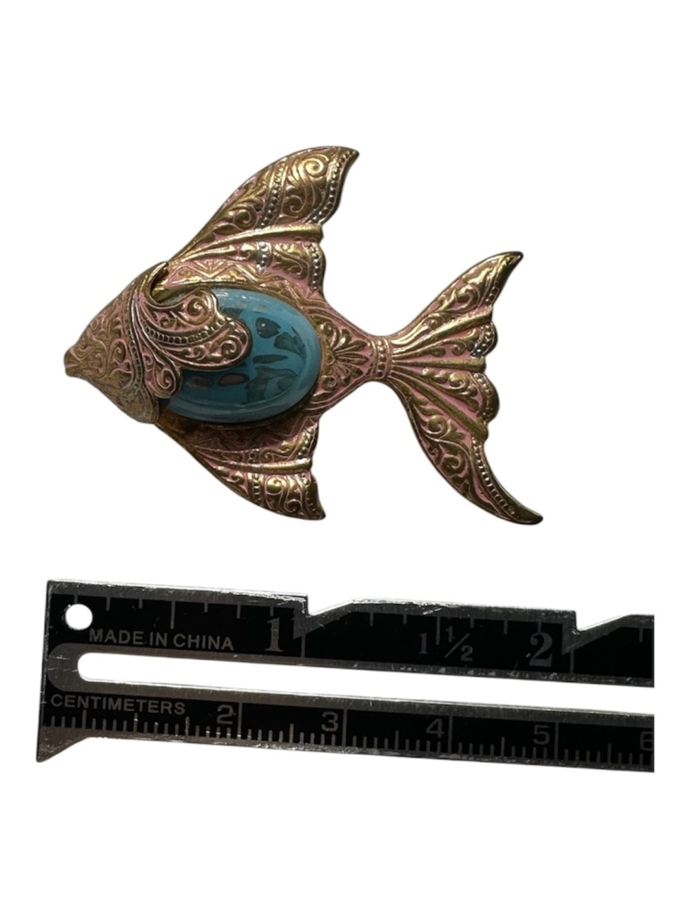 Vintage Ornate Tropical Fish Brooch Gold Tone Pink Enamel Blue Cabochon Pin